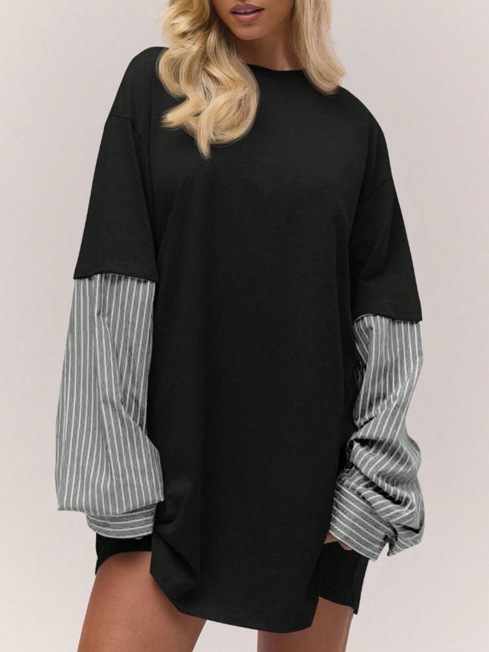 Black Casual Women's Oversized Stripe Round Neck Short Sleeve T-Shirt Dress